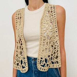 Vintage The Limited Boho Crochet Open Knit Vest Linen Blend Tan M/L